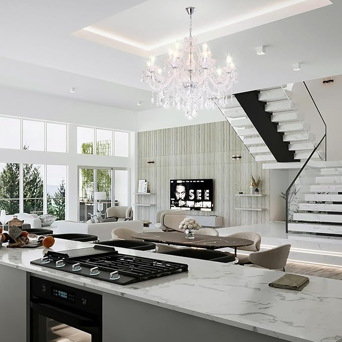 Clear K9 Crystal Chandelier 15 Light Pendant Lighting Fixture for Dining Room Living Room Bedroom Hallway Entryway Elegant Ceiling Lamp E12 Clear