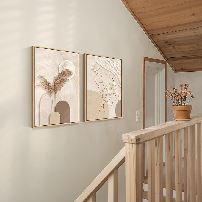 Large Framed Neutral Abstract Wall Art for Living Room, 2 Piece Tan and Cream Beige Canvas Prints Paintings Artwork for Walls, Woman Silhouette Big Pictures for Bedroom Dining Room Office Wall Decor