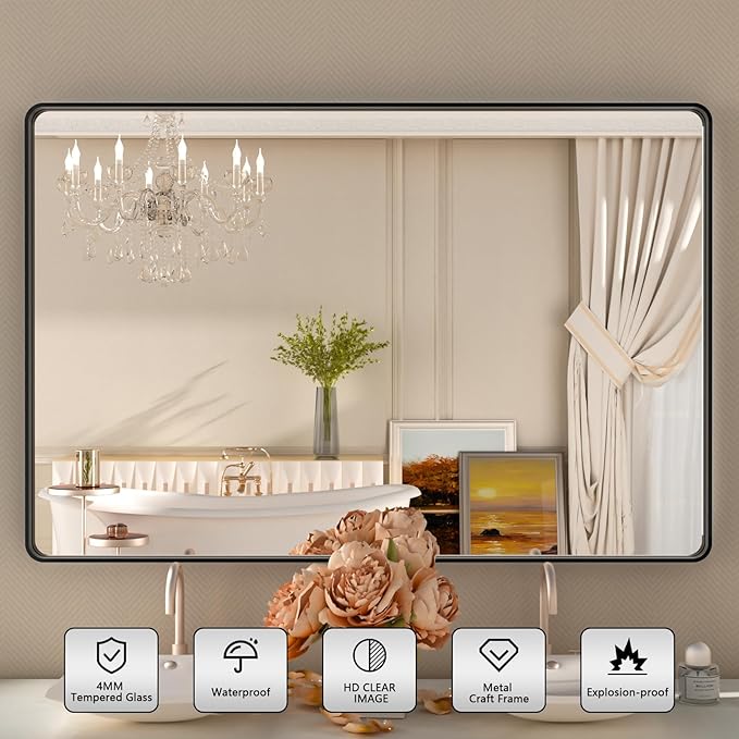 Black Bathroom Vanity Mirror 48x32 Inch,Rounded Rectangle Matte Black Mirror for Wall,Black Matel Frame Mirror for Bathrooom,Farmhouse,Tempered Glass,Horizontal or Vertical