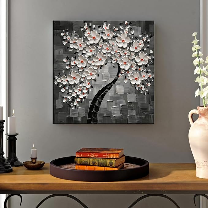 3D Cherry Blossom Tree Canvas Wall Art, White Flowers on Gray, Modern Floral Painting, 30x30 inches