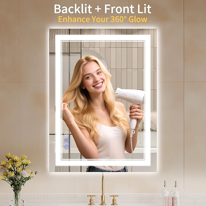 30"x32" LED Bathroom Mirror with Lights, Anti-Fog, Backlit + Front Lit, Dimmable, Led Vanity Mirror for Wall, Lighted Bathroom Mirror, 3 Colors, Shatter-Proof Tempered Glass