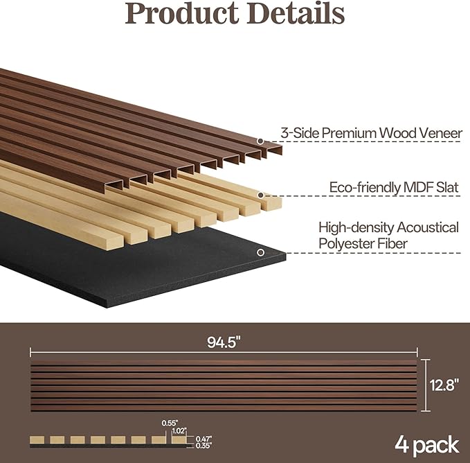4 Pack Wood Panels for Wall, 94.4" x 12.6" Acoustic Wood Slat Wall Panel for Interior Decor & Noise Reduction, Soundproof Panel, Sound Absorbing 3D Textured Panels - Walnut