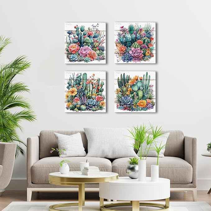 Colorful Tropical Plant Wall Art Vintage Cactus Floral Picture for Bathroom Mexican Spiny Flower Painting Canvas Prints Living Room Bedroom Boho Southwest Succulent Artwork Home Decorations 20x20" 4P