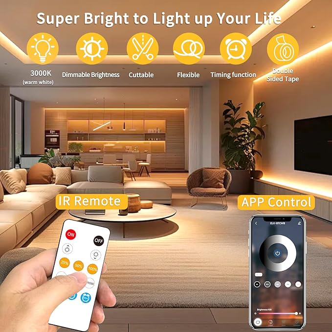16.4ft COB LED Strip Lights 3000K Warm White Dimmable DC 24V Flexible LED Tape Light for Bedroom, with Remote and app Control LED Light Strip,for DIY Home Decoration