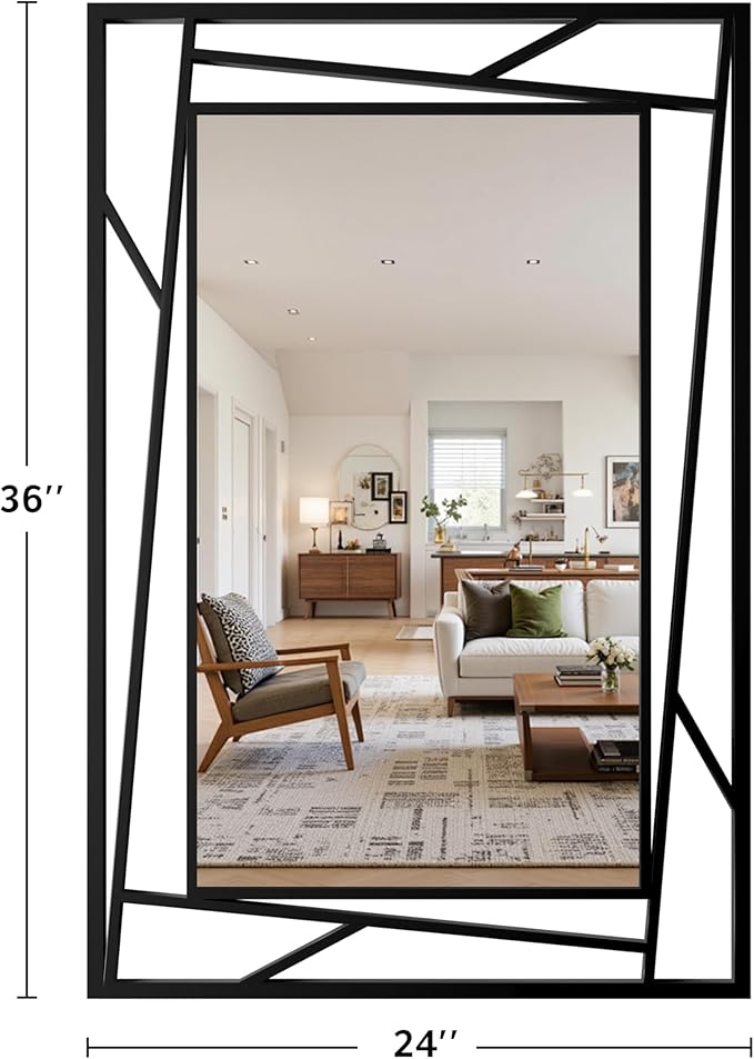 Black Bathroom Mirror 36''X24'' Rectangle Decorative Wall Mirrors with Geometric Metal Frame for Bathroom, Living Room, Bedroom, Entrance, Horizontal/Verticall, Easy to Install