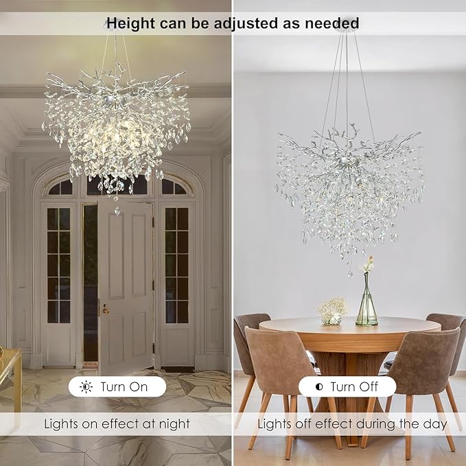 32 inch Crystal Chandelier for Dining Room, Round Silver Tree Branches Chandeliers, Top K9 Crystal Chandelier, Modern Chandeliers for Kitchen,Foyer Entryway,Luxury Adjustable Hanging Chandeliers