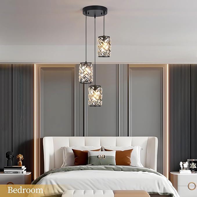 Black Crystal Pendant Light for Kitchen Island, Adjustable Hanging Chandelier with Ambient Lighting, 51 Inch Chain, E12 Base, Plated Modern Farmhouse Fixture for Dining Room, Bedroom, Living Room