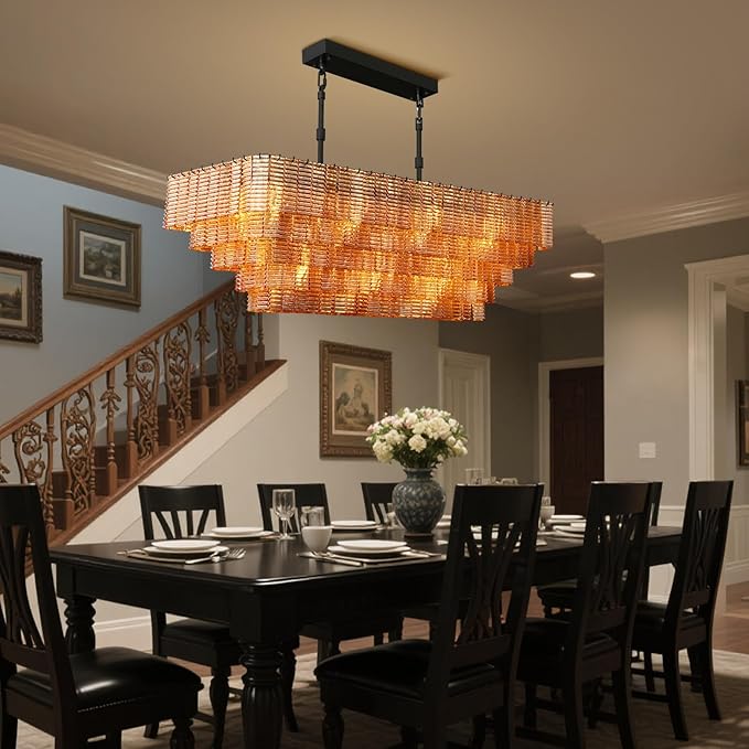 Large Chandelier for Dining Room, 59" 11-Light Amber Rectangular Chandelier for High Ceilings, Modern Balck Kitchen Island Hanging Light Fixture for Living Room, Dining Room, Kitchen Island, Foyer