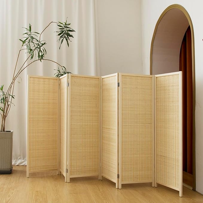 6 Panel Short Panel Divider Screen,3.95 FT Tall Bamboo Room Divider Folding Privacy Screen,Short Panel Divider Freestanding Room Divider for Room Seperation,Beige