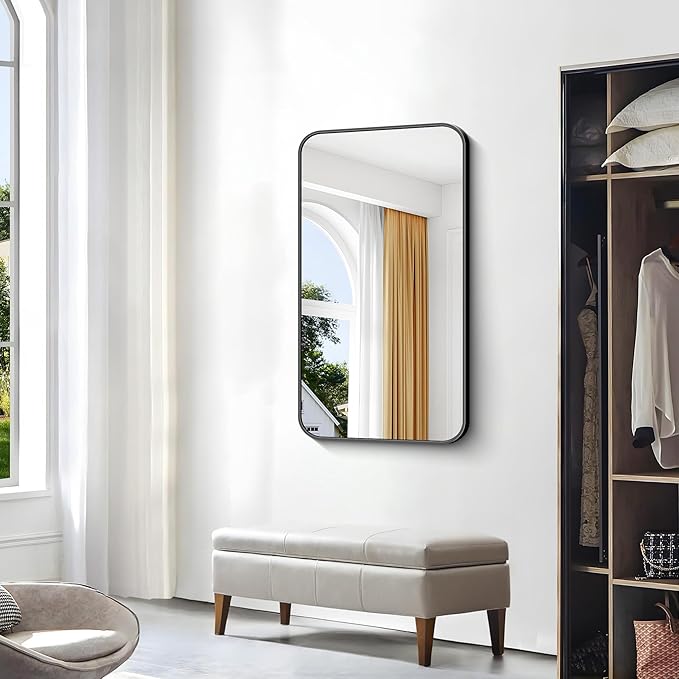 BONEWEI 24x40 inch Bathroom Mirror,Black Rectangle Mirror,Wall Mounted Bathroom Frame Vanity Mirror with Round Corner for Bedroom Living Room,Entryway Hangs Horizontal or Vertical