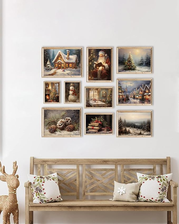 KBKBART Christmas Wall Art Prints Set of 10, Winter Christmas Picture Wall Decor Santa Xmas Tree Forest Canvas Artwork, Snow Scene Street Christmas Aesthetic Posters for Bedroom, Vintage Christmas Holiday Decor - Unframed