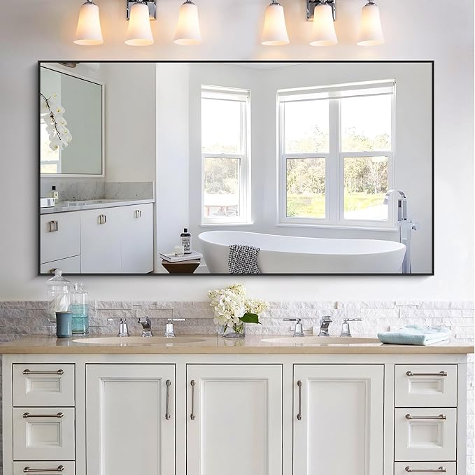 KOCUUY 30x55 Inch Large Black Wall Mounted Mirror,Aluminum Framed Decorative Rectangular Bathroom Mirror for Wall Over Sink,Vanity Mirror for Bedroom Living Room Bathroom,Functional Oversized Mirror