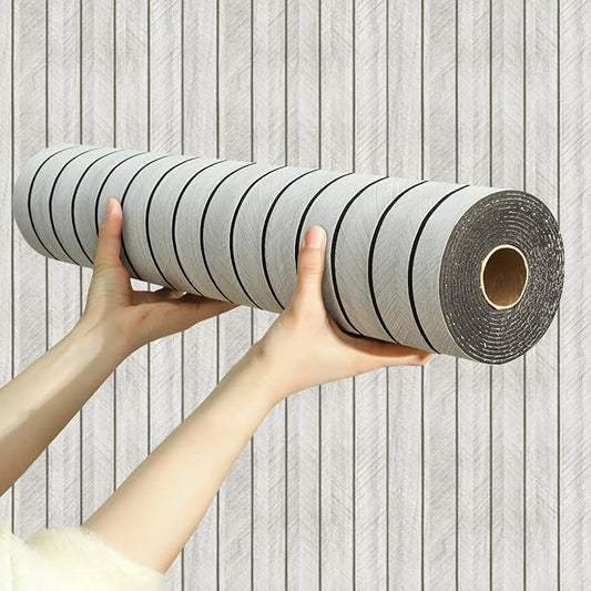 Wood Grain Slat 3D Wall Panel -15.75"x118"Soundproof Self-Adhesive Wall Sticker,Thickened Moisture Resistant Removable PVC Slat Wallpaper &Foam Paneling for Wall,Ceiling(Light Grey,13Sq.ft)