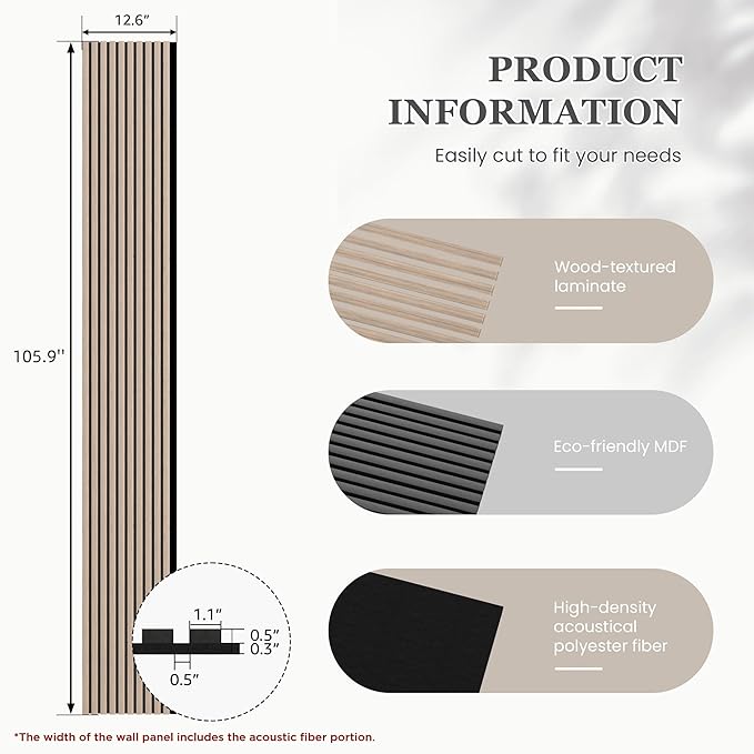 4 Pack 105.9" x 12.6" x 0.8" Acoustic Wall Panels Sound Absorbing, Wood Slat Wall Panels for Wall Decor, Soundproof Wood Wall Panels, Rustic Walnut