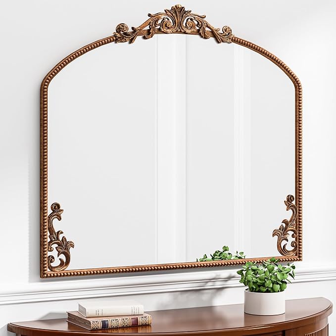 Arched Gold Wall Mirror, 36"X30" Antiqued Baroque Brass Fireplace Mirror Decor, Victorian Vintage Mirror with Metal Frame&Art Carved, for Entryway/Bedroom/Bathroom/Mantle/Hallway