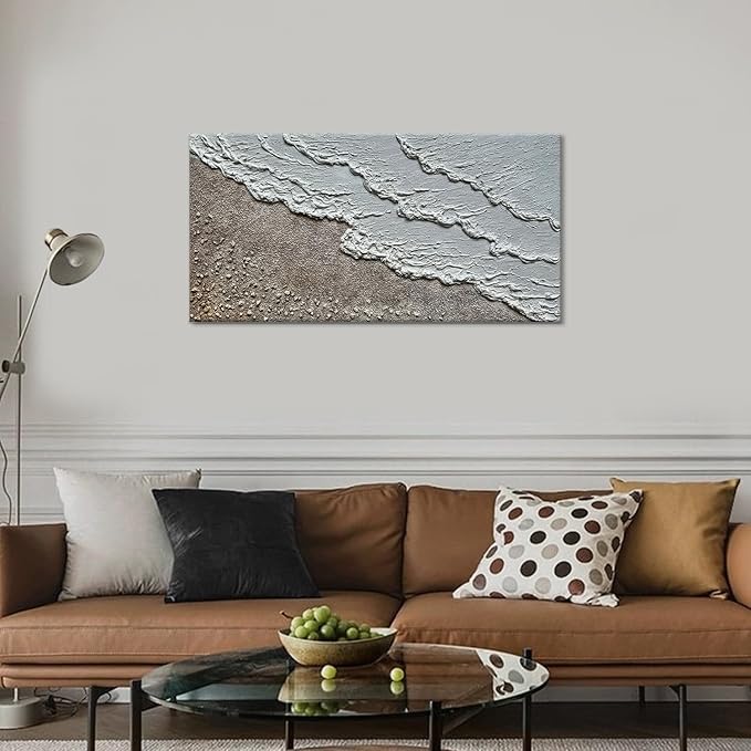 Large Oil Painting Hand-Painted Thick Texture Wave Beach Minimalist Modern Abstract Canvas Art Warm Acrylic Painting 24x48 Inches Home Office Wall Decoration