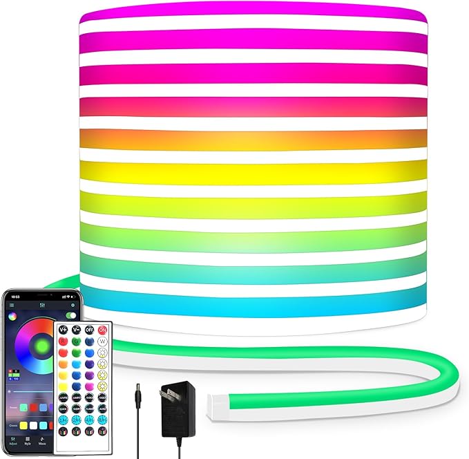 32.8FT Neon Rope Light,Flexible Led Rope Light Control with App/Remote,Multiple Modes Rope Lights,IP65 Outdoor RGB Led Neon Lights Waterproof,Music Sync Gaming Led Neon Light Strip for Bedroom