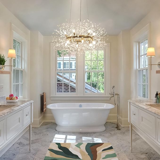 Modern Crystal Firework Chandelier, 12-Light (Bulb Included) Gold Dandelion Dining Room Light Fixtures, Round Hanging Pendant Light for Hight Ceiling, Living Room, Entryway, Staircase, Foyer