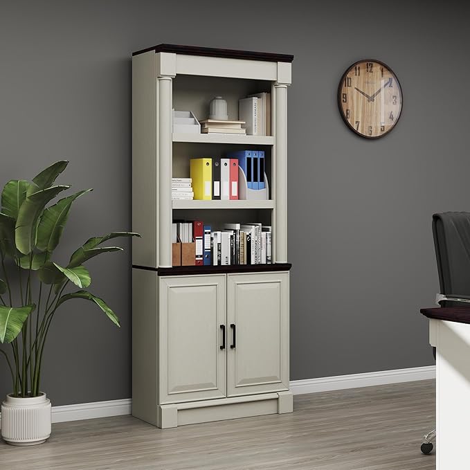 72" Roman Column Bookcase with Double Door Cabinet, 5 Tiers Tall Bookshelf Shelves Storage and Anti Tip Kit, Classic American European Modern Multi Style Design for Living Room Study Office, White