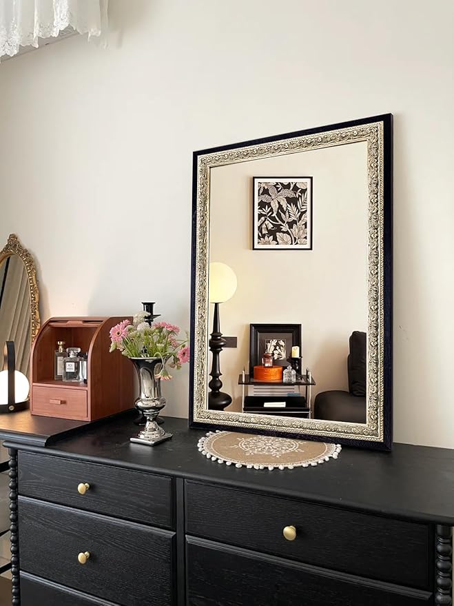 Large Vintage Wall Mirror for Vanity, 40"x28", Black Antique Mirror with Silver Foil Flower Petal Carvings Wooden Frame for Living Room, Entryway, Bathroom and Bedroom