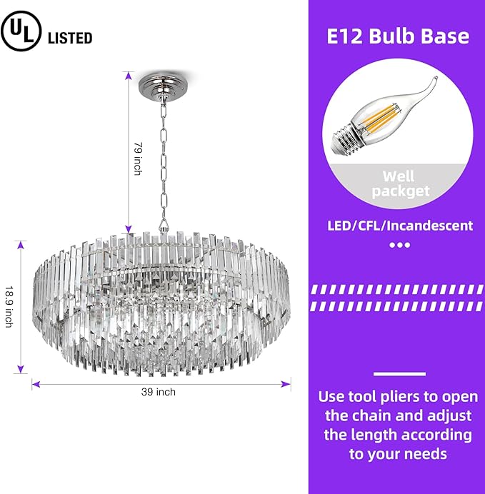 39" Modern Crystal Chandelier, 3-Tier Chrome Pendant Light with 17 Lights, Luxury K9 Crystal Ceiling Fixture for Dining Room Living Room Foyer