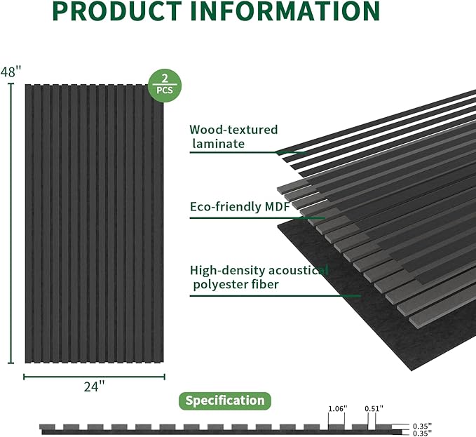 2 Panel Wood Slat Acoustic Panel 48" x24" for Sound Absorbing, Soundproof Wood Slat Panel Cover 16 Sq.Ft, 3D Fluted Sound Absorbing Paneling for Wall Decor, Living Room, Bedroom, Black Wood