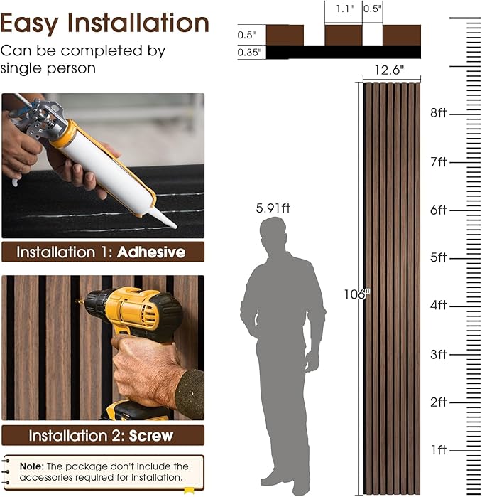 Acoustic Wood Slat Panels 4 Pack 106" x 12.6", Soundproof Wooden Wall Panels, 3D Fluted Panel for Interior Wall Decor, Living Room, Bedroom - Walnut (Cover Approx. 37 sq.ft)