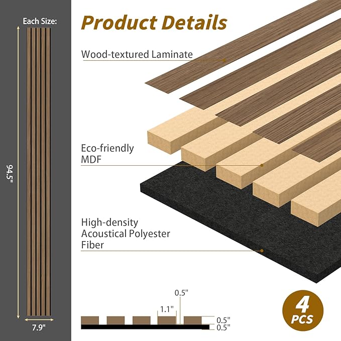 4-Piece Acoustic Wood Wall Panels for Wall and Ceiling, 3D Fluted Soundproof Wood Slat Wall Panels for Interior Wall Decor, 94.5" x 7.9"-Walnut