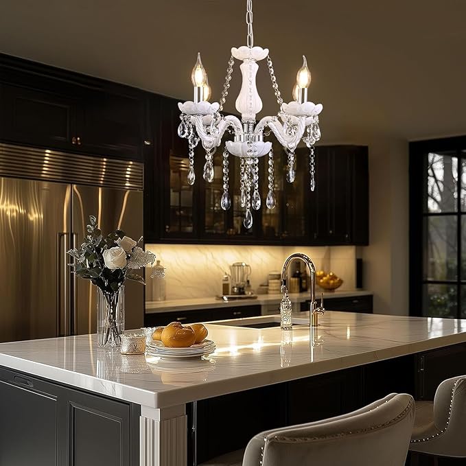 MALOSA 4 Light White Crystal Chandelier,Small Chandelier,Morden Mini Chandelier for Bedroom,Dining Room,Wedding Decoration,Girls Room.