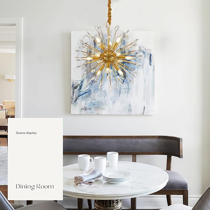 12-Light Gold Sputnik Chandeliers, 24" Starburst Firework Pendant Light fixtures, Mid-Century Modern Satellite Ceiling Lights for Dining Room, Kitchen, Bedroom, Living Room, E12