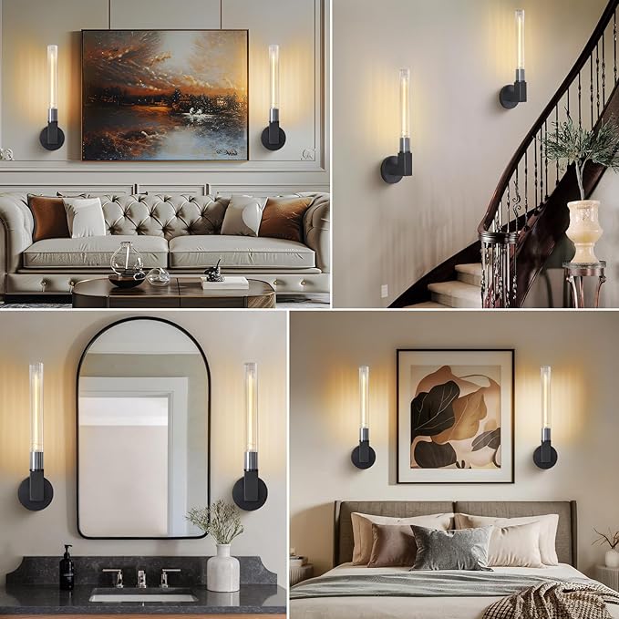Black Wall Sconces Set of 2, Modern Bathroom Vanity Lights with Glass Shades - Industrial Vintage Wall Lamps for Mirror, Bedroom, Living Room, Hallway