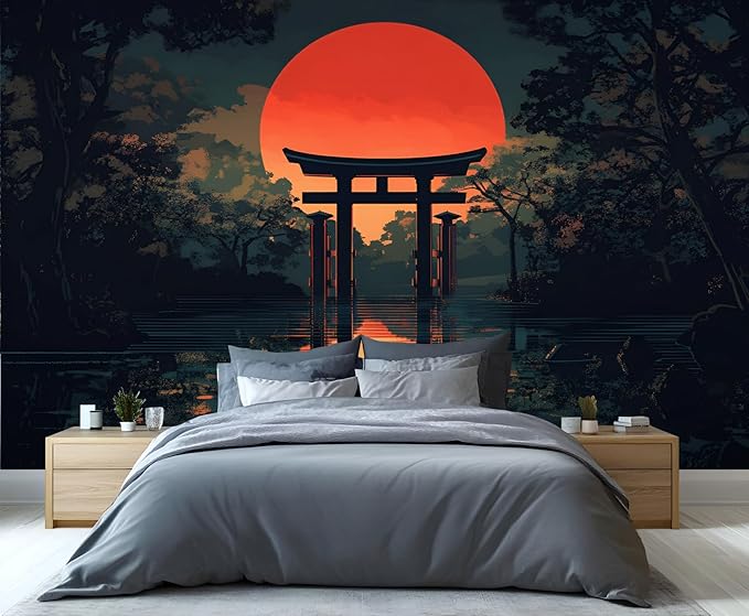 Japanese Style Mural Wallpaper, Japanese Torii Gate Murals, Red Sun Forest Murals Wallpaper for Living Room Bedroom Tv Background Wall Home Decor Mural (Not Peel Stick)