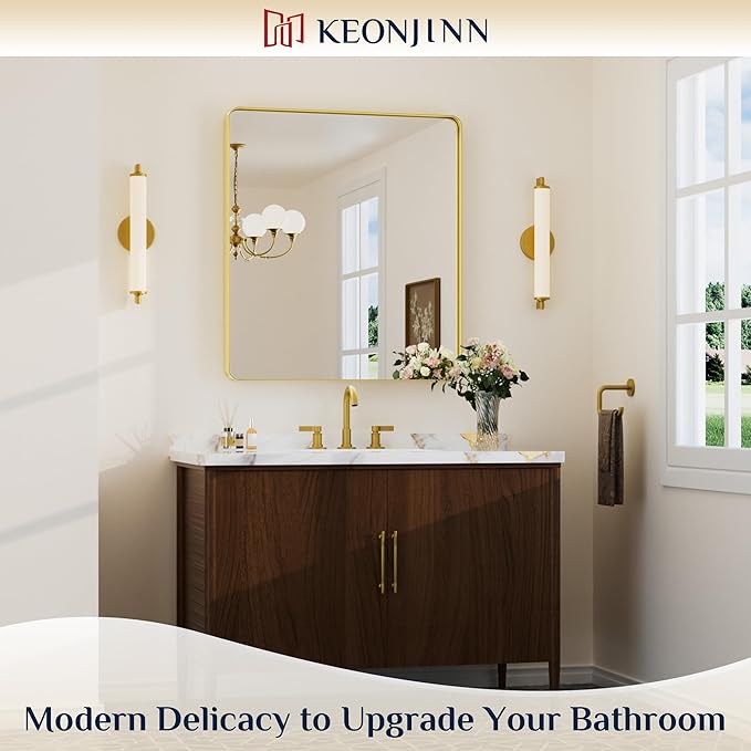 Keonjinn Gold Bathroom Mirrors for Over Sink, 32” x 36” Rounded Rectangle Brushed Gold Vanity Mirror, Anti-Rust Brass Mirror with HD Tempered Glass, Decorative Farmhouse Mirrors, Horizontal/Vertical