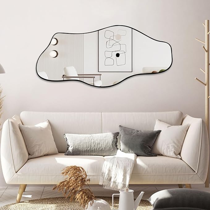 Large Irregular Wall Mirror, 47.2"x21", Black Asymmetrical Modern Oblong Wavy Cloud Mirror for Living Room, Bathroom, Entryway, Dining Room