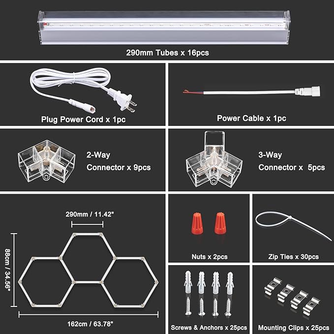 BRILLIHOOD 16 Pack LED Hexagon Blacklights, 112W, 3 Girds UV Black Light Fixture with US Plug for Neon Glow Party, Halloween, Body Paint and Art Displays in Large Space