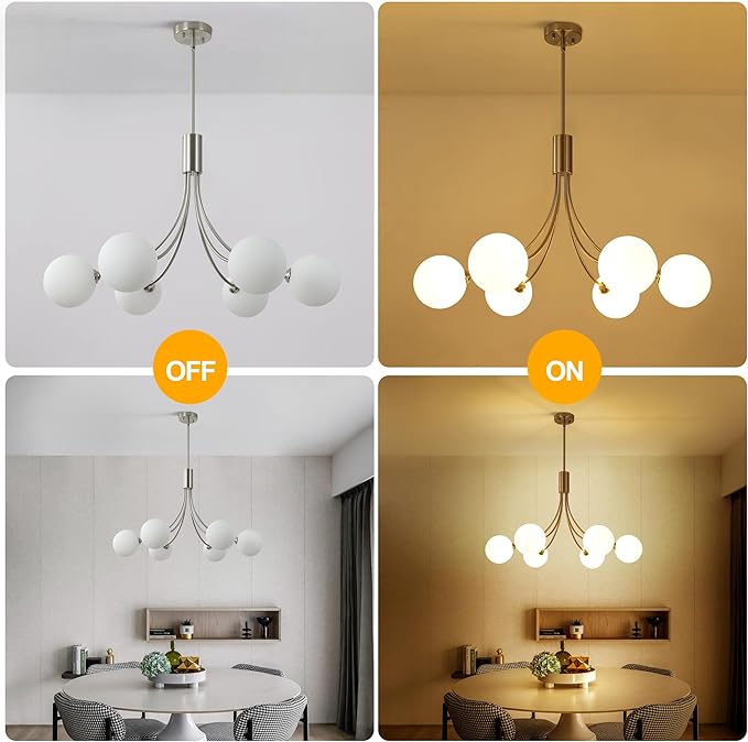6-Light Brushed Nickel Chandelier, Modern Dining Room Light Fixture Hanging, Sputnik Chandelier for Living Room Kitchen Island Bedroom Entryway, Milk White Globe Glass Shade