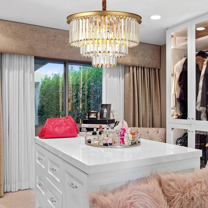 Modern Gold Crystal Chandelier,3-Tier Round Pendant Ceiling Fixture with Height Adjustable Luxury Hanging Chandelier for Dining Room,Living Room,Entryway,Bedroom,Kitchen,and Foyer (Gold Crystal-3)