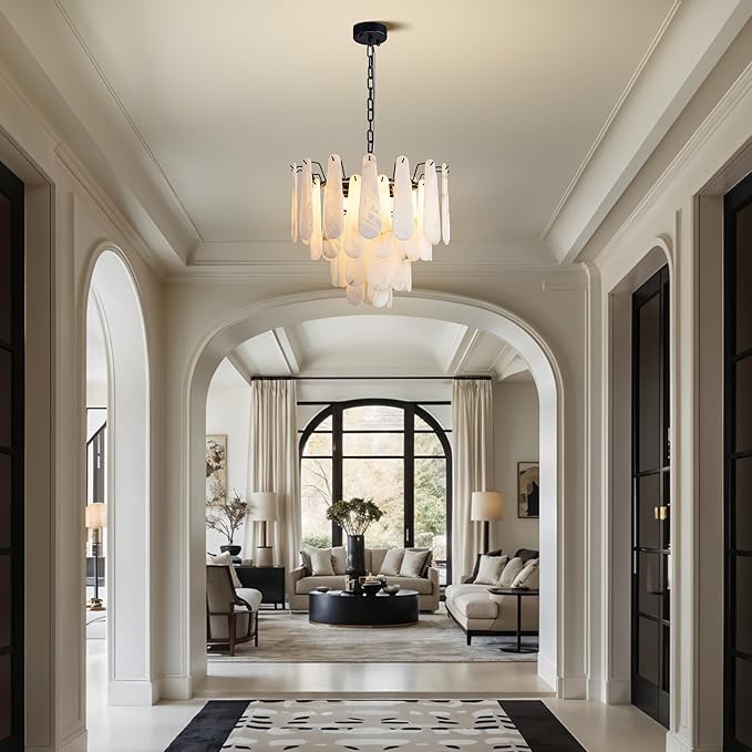 Alabaster Chandelier, D23.6in Modern Alabaster Round Dining Room Chandelier, 4-Tiers Luxury Natural Stone Ceiling Light Fixture, White Marble Chandeliers for Living Room Bedroom Foyer Entryway Kitchen
