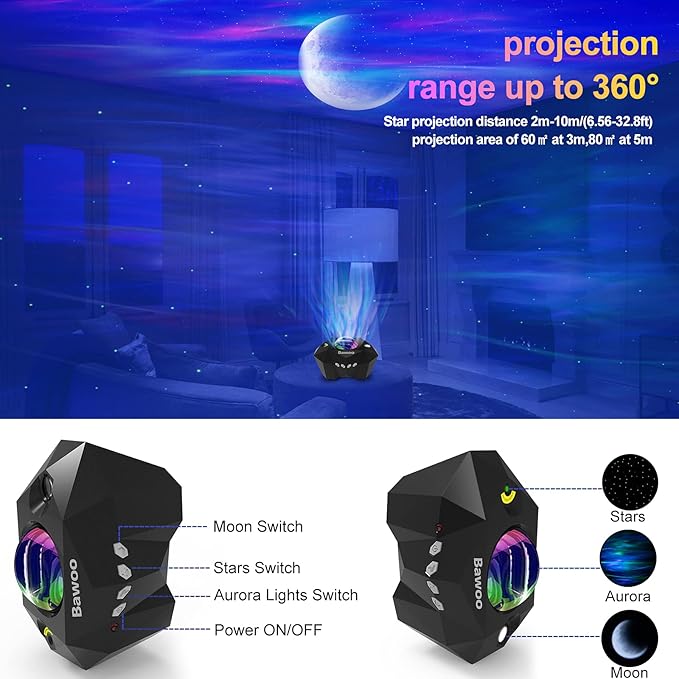 Aurora Star Light Projector with Moon, Galaxy Lights Projector with Remote Control, Night Sky Light Projector Built-in Bluetooth and Multi-Color Projection Lamp