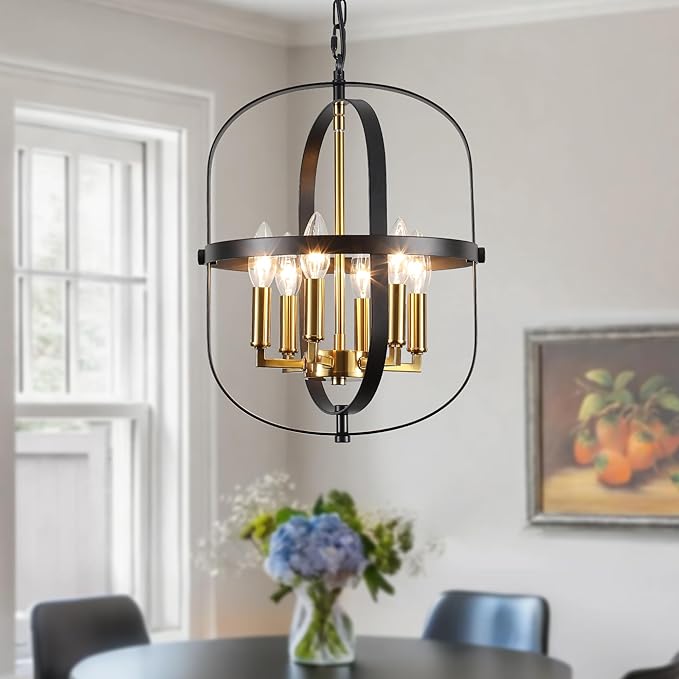 ANKYLHUA Black and Gold Chandelier for Dining Room Light Fixture,6-Light Small Chandelier for Entryway Foyer Lighting Fixtures Adjustable Modern Farmhouse Pendant Lights for Living Room Kitchen