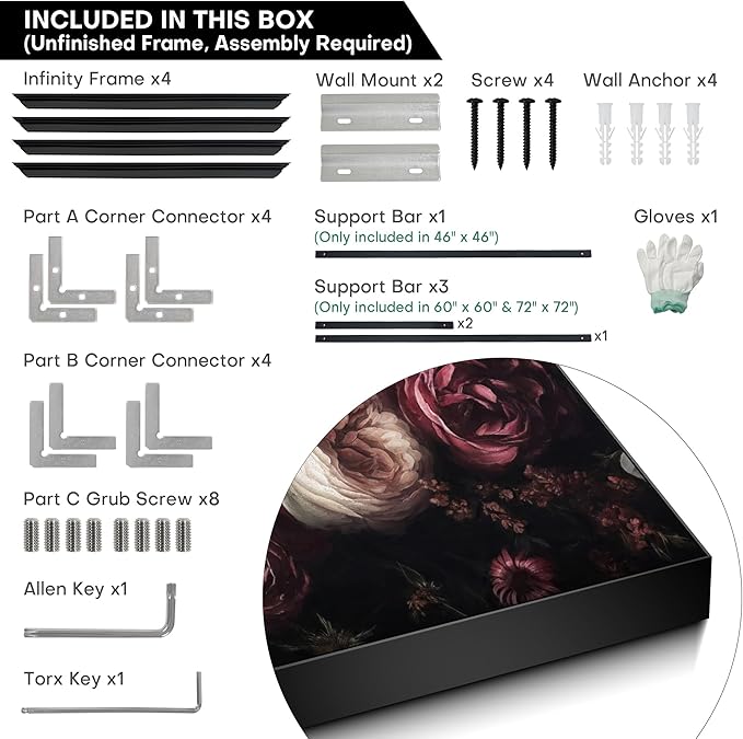 36"x36" Large Framed Wall Art - Vintage Dark Floral Romantic (Frame Assembly Required)