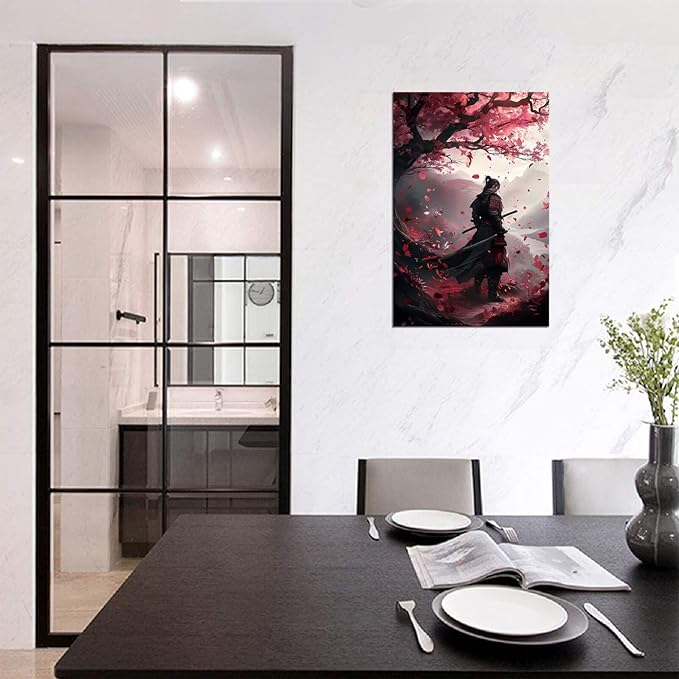 Japanese Samurai Wall Art Japan Warrior Plum Painting Canvas Prints Black and Red Picture Modern Watercolor Painting for Bedroom Living Room Office Home Decoration Framed (12''W x 16''H)