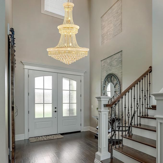19-Lights Gold Large Crystal Chandelier Light Fixture, 3-Layer Luxury Empire Chandeliers Modern High Ceiling Hanging Chandelier for Living Room,Foyer,Staircase,Entryway (Gold,D31.5 x H47)