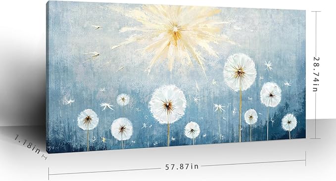 Nicetop Oversized Wall Art for Living Room – Extra Large Blue and White Floral Landscape Canvas Print, Botanical Wildflower Dandelion Picture, Nature Artwork for Big Bedroom Office Decor, 58x29 Inch