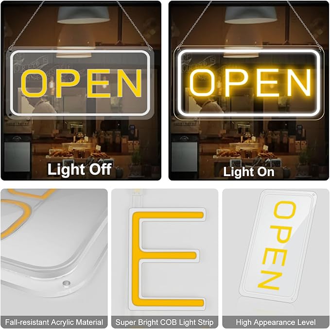 22.8"x 11.8" Ultra Bright 12V Neon Open Sign for Business, LED Open Neon Sign, Electric Light up Signs for Stores, Restaurants Offices Retail Shops Window (Yellow-White-Horizontal)
