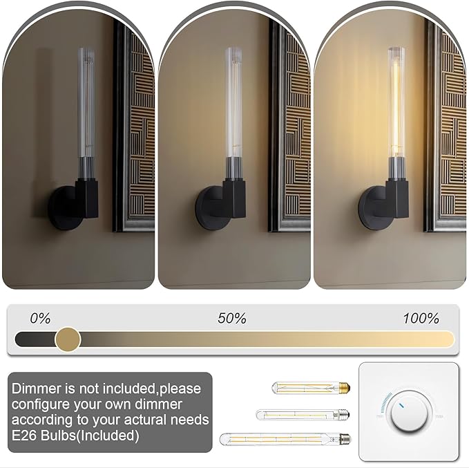 Black Wall Sconces Set of 2, Modern Bathroom Vanity Lights with Glass Shades - Industrial Vintage Wall Lamps for Mirror, Bedroom, Living Room, Hallway