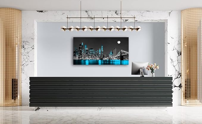 Jiuqinghua Wall Art Decor Canvas Print Picture 1 Panel Black White and Blue New York Brooklyn Bridge Cityscape Night Building Painting for Kitchen Office Home Decor Framed Ready to Hang 30x60inch