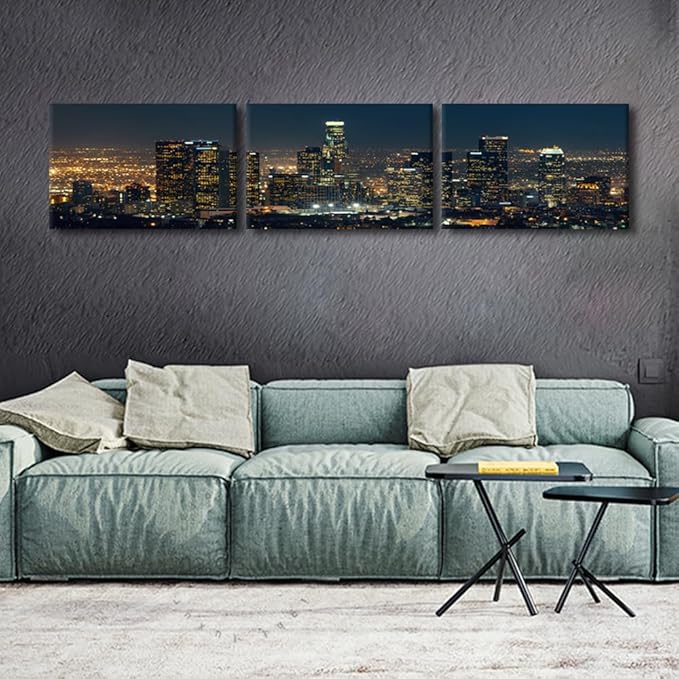 City Skyline Wall Art Cityscape Paintings Modern Decor Los Skyscrapers Night Scene Picture on Canvas for Home Decor Skyline at Dusk Landscape of City Night View Artwork for Living Room 16x72 Inch