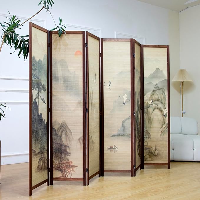 6 Panel Room Divider Screen and Folding Panel Screen,Double Sided Bamboo Divider for Room Separation,Mountains and Waters Landscape,67" H x 94.5" W