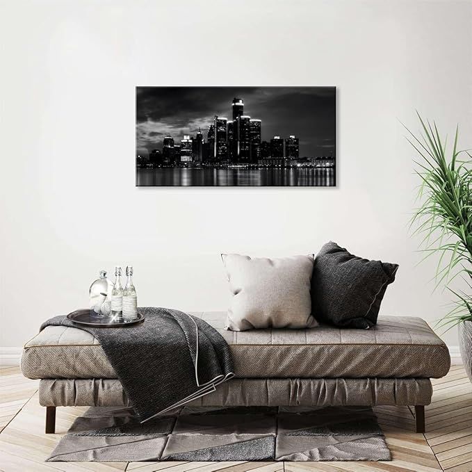 NAN Wind Detroit Skyline Canvas Wall Art Cityscape Night Scene Black & White City Art Print on Canvas Modern Giclee Framed Painting for Room Decor Home Decor Detroit Skyline Picture Prints
